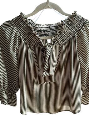 Ces Femme Green & Cream Striped Smocked Tie-Neck Top
